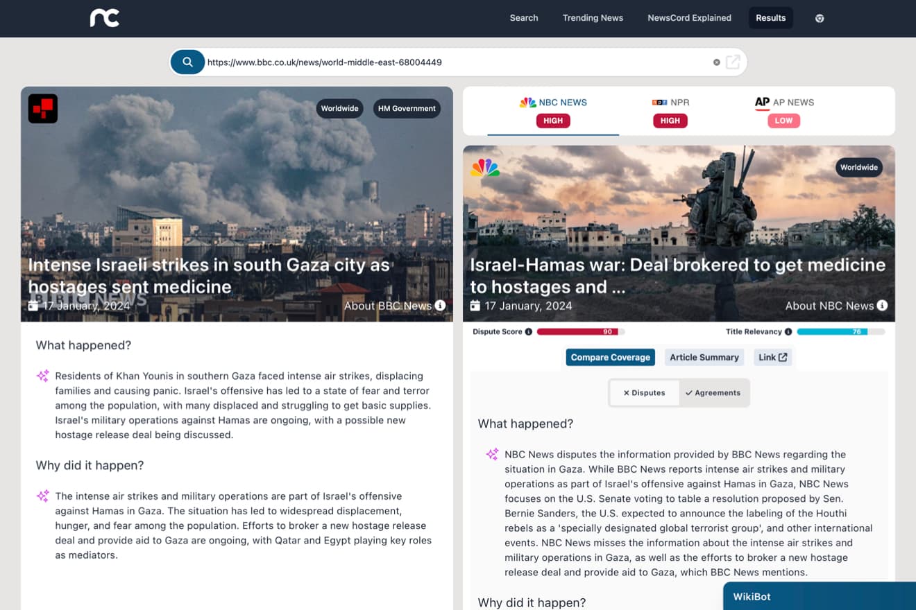 The NewsCord platform in action summarising a news story.