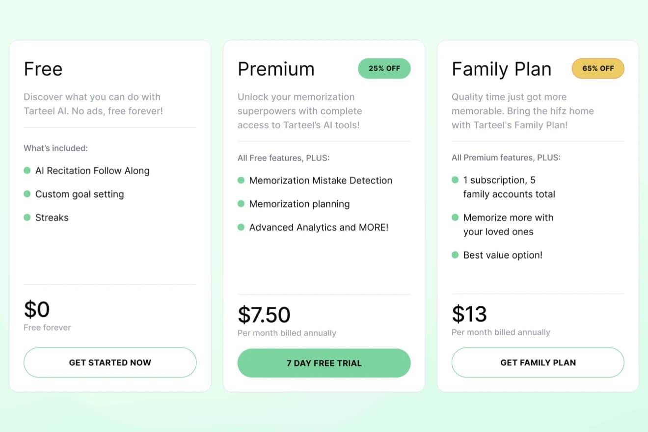 Tarteel plans compared